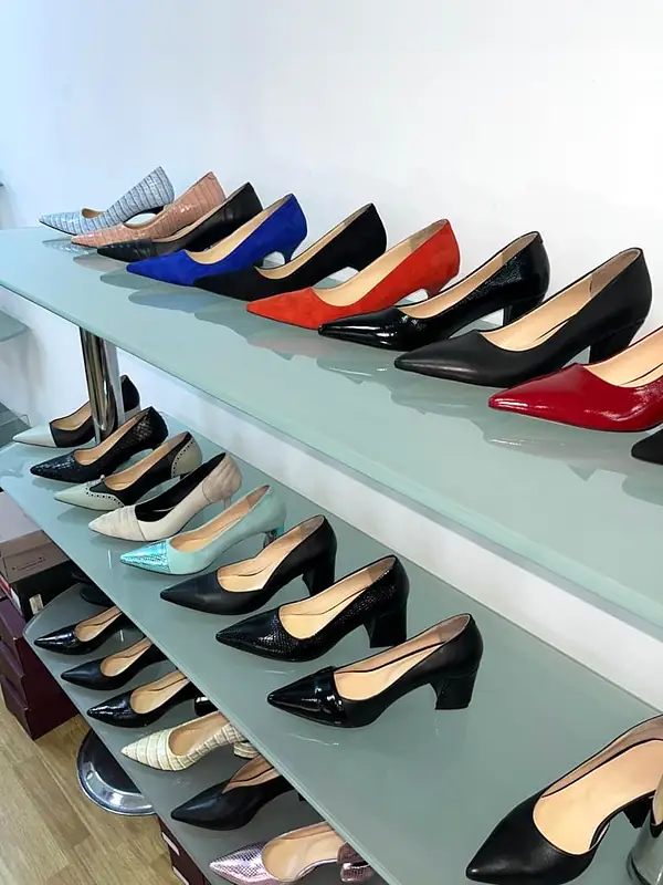 Glass shelves of pointed pumps in black, red, blue and nude